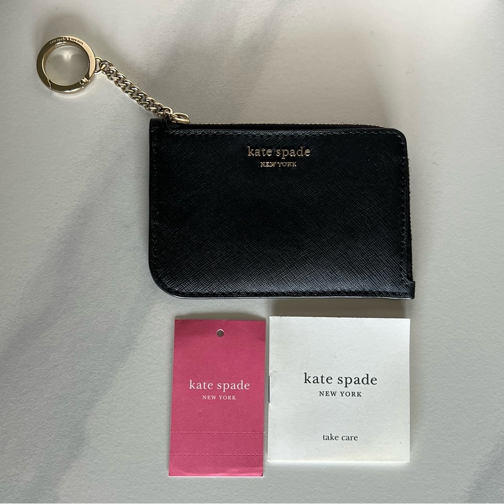 kate spade black leather zip card case with gold chain